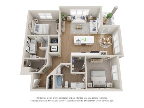 Floor plan for 2 beds, 2 baths, 1222 sqft